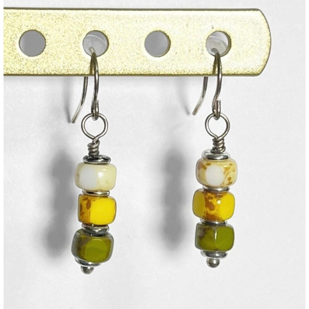 VTG Stacked Cube Bead Drop Earrings Dangle Silver Tone Hook Wire Yellow Green